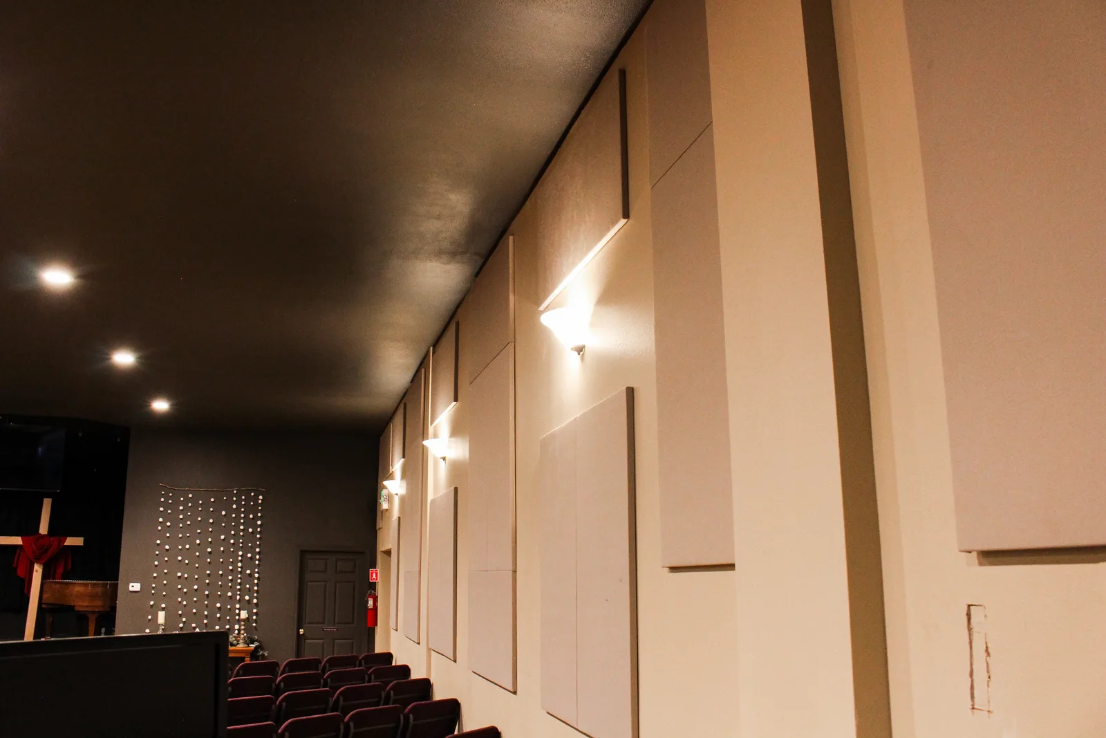 Sanctuary interior with the stage and recessed lighting